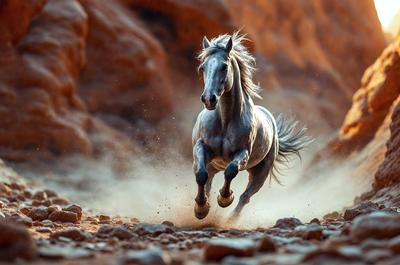 Primary subject: A horse running on a dirt road.

Setting/background: The horse is running on a dirt road, with a rocky hillside in the background.

Visual style: The image is a photo of the horse in motion.

Colors and mood: The image has a warm and natural color palette, with the horse's body being a mix of gray and white. The overall atmosphere is energetic and dynamic, as the horse is captured in motion.