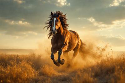 Primary subject: A brown horse with a long mane running through a field of dry grass.

Setting/background: The horse is running through a field of dry grass, with a cloudy sky in the background.

Visual style: The image is a photo of the horse in motion.

Colors and mood: The dominant colors are brown and yellow, with a dusty, dry atmosphere.