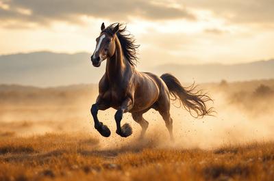 Primary subject: A brown horse running in a field.

Setting/background: The horse is running through a field with mountains in the background.

Visual style: The image is a photo of the horse in motion.

Colors and mood: The image has a warm and natural color palette, with the brown horse and the green field creating a sense of freedom and energy.