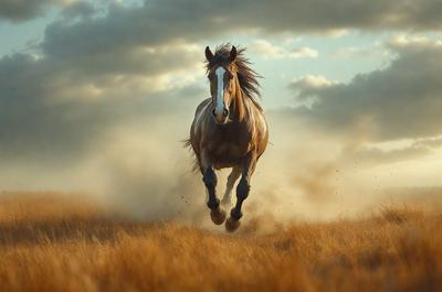Primary subject: A brown horse running in a field.

Setting/background: The horse is running through a field with dry grass, and there are clouds in the sky.

Visual style: The image is a photo of the horse running in the field.

Colors and mood: The dominant colors are brown and yellow, and the overall atmosphere is energetic and dynamic.