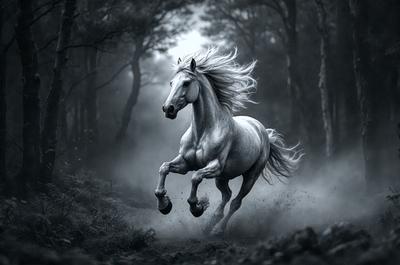 Primary subject: A white horse running through a forest.

Setting/background: The horse is running through a forest with trees and dirt.

Visual style: The image is a black and white drawing of the horse.

Colors and mood: The image has a dark and moody atmosphere, with the horse and the forest being the main focus.