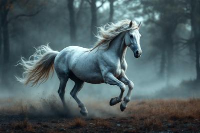 Primary subject: A white horse with blonde hair running through a field.

Setting/background: The horse is running through a field with trees in the background.

Visual style: The image is a photo of the horse in motion.

Colors and mood: The horse has a blonde mane, and the overall atmosphere is energetic and dynamic.