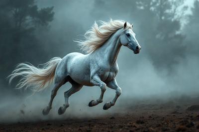 Primary subject: A white horse with blonde hair running in a field.

Setting/background: The horse is running in a field with trees in the background.

Visual style: The image is a photo of the horse in motion.

Colors and mood: The horse has a blonde mane, and the overall atmosphere is energetic and dynamic.