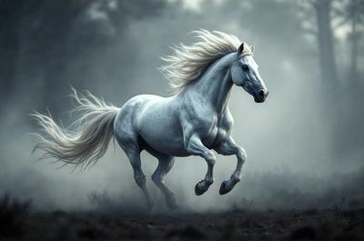 Primary subject: A white horse with blonde hair running in a field.

Setting/background: The horse is running in a field with a misty, foggy atmosphere.

Visual style: The image is a digital art or illustration of the horse running.

Colors and mood: The dominant colors are white and gray, with a slightly eerie and mysterious mood due to the foggy atmosphere.