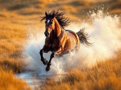 Primary subject: A brown horse running through a field of tall grass.

Setting/background: The horse is running through a field of tall grass, which is a natural and open environment.

Visual style: The image is a photo of the horse in motion.

Colors and mood: The dominant colors in the image are brown and green, with the brown horse and the green grass creating a natural and serene atmosphere.