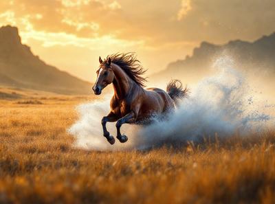 Primary subject: A brown horse running through a field.

Setting/background: The horse is running through a field with mountains in the background.

Visual style: The image is a photo of the horse in motion.

Colors and mood: The image has a warm and natural color palette, with the brown horse and the green field creating a sense of freedom and movement.