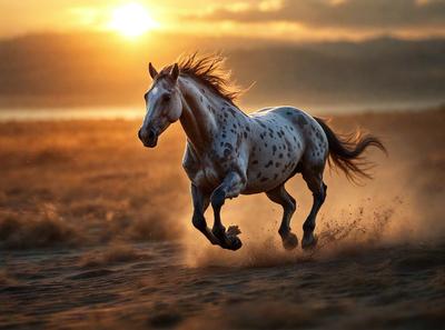 Primary subject: A horse running in the dirt.

Setting/background: The horse is running in a field with dirt and a sunset in the background.

Visual style: The image is a photo of the horse running in the dirt.

Colors and mood: The dominant colors are brown and orange, with a warm and energetic atmosphere.