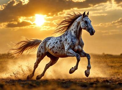 Primary subject: A white and brown spotted horse running in the dirt.

Setting/background: The horse is running in a field with dirt, and the sun is setting in the background.

Visual style: The image is a photo of the horse in motion.

Colors and mood: The dominant colors are brown, white, and orange, with a warm and energetic atmosphere.