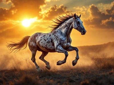 Primary subject: A horse running in a field.

Setting/background: The horse is running in a field with grass, and the sun is setting in the background.

Visual style: The image is a photo of the horse running in the field.

Colors and mood: The dominant colors are orange and yellow, which create a warm and vibrant atmosphere. The sunset adds a sense of tranquility and beauty to the scene.