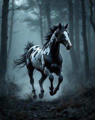 Primary subject: A black and white horse running through a forest.

Setting/background: The horse is running through a forest with trees in the background.

Visual style: The image is a photo of the horse in motion.

Colors and mood: The image is in black and white, giving it a classic and timeless feel. The horse's movement and the forest setting create a sense of energy and freedom.
