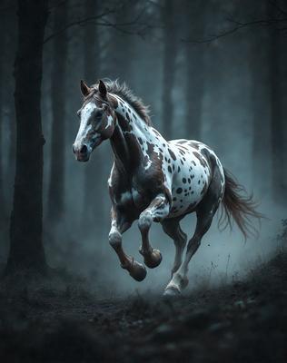 Primary subject: A brown and white spotted horse running through a forest.

Setting/background: The horse is running through a forest with trees surrounding it.

Visual style: The image is a photo of the horse in motion.

Colors and mood: The dominant colors are brown, white, and green, creating a natural and serene atmosphere.
