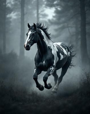 Primary subject: A black and white horse with white spots running through a forest.

Setting/background: The horse is running through a forest with trees in the background.

Visual style: The image is a black and white photo.

Colors and mood: The dominant colors are black, white, and shades of gray. The overall atmosphere is dynamic and energetic, as the horse is captured in motion.