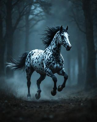 Primary subject: A spotted horse running through a forest.

Setting/background: The horse is running through a forest with trees in the background.

Visual style: The image is a photo of the horse in motion.

Colors and mood: The horse is black and white, and the overall atmosphere is dynamic and energetic.