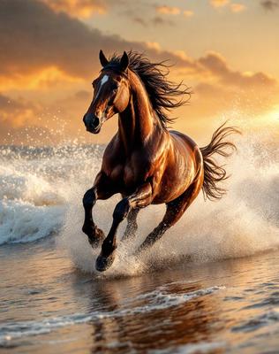 Primary subject: A brown horse running on the beach.

Setting/background: The beach, with waves crashing and the sun setting in the background.

Visual style: The image is a photo of the horse running on the beach.

Colors and mood: The dominant colors are brown and orange, with the sunset adding warm tones to the scene. The overall atmosphere is energetic and dynamic, as the horse is captured in motion.