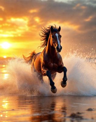 Primary subject: A brown horse running through the ocean waves.

Setting/background: The ocean, with waves and sunlight creating a beautiful and serene atmosphere.

Visual style: The image is a photo of the horse running through the ocean waves.

Colors and mood: The dominant colors are brown, blue, and white, with the sunlight creating a warm and inviting mood.