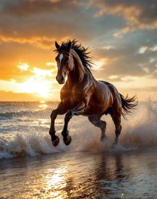 Primary subject: A brown horse running on the beach.

Setting/background: The beach with waves and the sunset in the background.

Visual style: The image is a photo of the horse running on the beach.

Colors and mood: The image has a warm and vibrant color palette, with the sunset creating a serene and picturesque atmosphere.