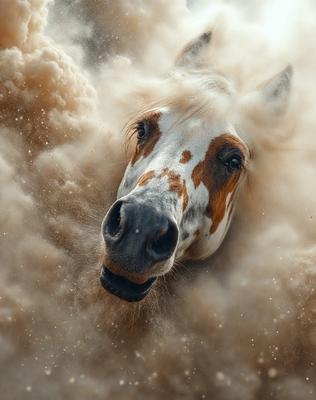 The primary subject of the image is a horse with a white and brown coat. The horse is standing in a cloud of dust, which adds a dynamic and dramatic element to the scene. The setting appears to be a dirt field, and the visual style is a close-up of the horse's face, emphasizing its features and expression. The colors in the image are predominantly earthy tones, such as brown and white, which contribute to the overall mood of the scene.