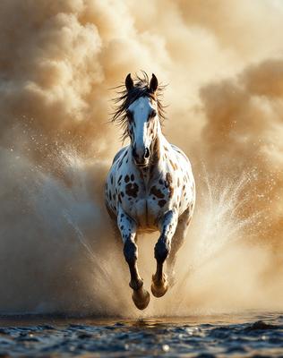 Primary subject: A white horse with brown spots running through a dusty area.

Setting/background: The horse is running through a dusty field, with a yellowish-brown color to the environment.

Visual style: The image is a photo of the horse in motion.

Colors and mood: The dominant colors are yellowish-brown and white, with the mood being energetic and dynamic.