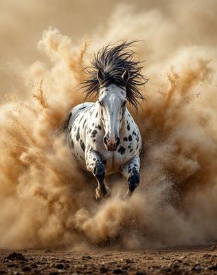 Primary subject: A horse with a spotted pattern running through a cloud of dust.

Setting/background: The horse is running through a cloud of dust, which is likely created by the horse's movement.

Visual style: The image is a photo of the horse running through the dust.

Colors and mood: The image has a sepia tone, giving it a vintage and nostalgic feel. The horse's spotted pattern adds a sense of movement and energy to the scene.