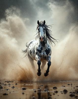 Primary subject: A horse with a black and white coat running through muddy water.

Setting/background: The horse is running through a muddy waterway, with a cloudy sky above.

Visual style: The image is a photo of the horse in motion.

Colors and mood: The dominant colors are muddy brown and black and white, creating a moody and dramatic atmosphere.