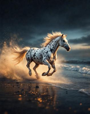 Primary subject: A white and black spotted horse running on the beach.

Setting/background: The beach, with waves and sand visible.

Visual style: The image is a digital art or illustration of the horse running on the beach.

Colors and mood: The dominant colors are white and black, with a hint of brown from the sand. The overall atmosphere is energetic and dynamic, as the horse is captured in motion.