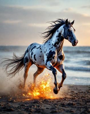 Primary subject: A spotted horse running on the beach.

Setting/background: The beach, with the ocean in the background.

Visual style: The image is a photo of the horse running on the beach.

Colors and mood: The horse is black and white, and the overall atmosphere is energetic and dynamic.