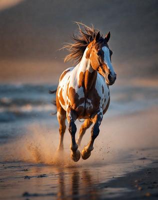 Primary subject: A brown and white horse running on the beach.

Setting/background: The beach, with sand and water visible.

Visual style: The image is a photo of the horse running on the beach.

Colors and mood: The horse is brown and white, and the overall atmosphere is energetic and dynamic.