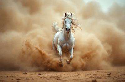 Primary subject: A white horse running through a dusty field.

Setting/background: The horse is running through a dirt field, with a dusty environment surrounding it.

Visual style: The image is a photo of the horse in motion.

Colors and mood: The dominant colors in the image are brown and white, with a dusty and somewhat dramatic atmosphere.