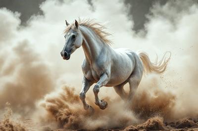 Primary subject: A white horse running through a cloudy sky.

Setting/background: The horse is running through a dusty area, with a cloudy sky in the background.

Visual style: The image is a digital artwork, featuring a white horse with a flowing mane.

Colors and mood: The dominant colors are white and gray, with a slightly moody atmosphere due to the cloudy sky.