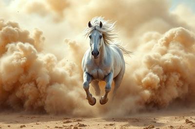 Primary subject: A white horse with blonde hair running through a cloud of dust.

Setting/background: The horse is running through a cloud of dust, which is likely created by the horse's movement.

Visual style: The image is a photo of the horse running through the dust.

Colors and mood: The image has a sepia tone, giving it a warm and nostalgic atmosphere.
