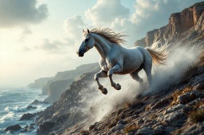 Primary subject: A white horse running on a rocky hillside.

Setting/background: The horse is running on a rocky hillside with a mountain in the background.

Visual style: The image is a digital artwork featuring a white horse in motion.

Colors and mood: The image has a vibrant and dynamic color palette, with the white horse standing out against the rocky hillside and mountain backdrop. The overall atmosphere is energetic and captivating.