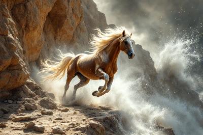 Primary subject: A horse running on a rocky hillside.

Setting/background: The horse is running on a rocky hillside, with a mountainous background.

Visual style: The image is a photo of the horse in motion.

Colors and mood: The image has a warm and natural color palette, with the horse's mane and tail being the most prominent colors. The overall atmosphere is energetic and dynamic, as the horse is captured in motion.
