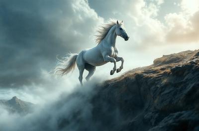 Primary subject: A white horse running on a hill.

Setting/background: The horse is running on a hill with a cloudy sky in the background.

Visual style: The image is a digital art illustration.

Colors and mood: The image has a blue and white color scheme, giving it a calm and serene atmosphere.
