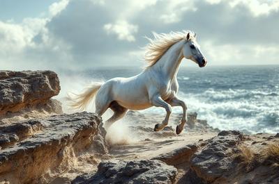Primary subject: A white horse running on a beach.

Setting/background: The horse is running on a rocky beach near the ocean.

Visual style: The image is a photo of the horse running on the beach.

Colors and mood: The image has a vibrant and energetic atmosphere, with the white horse standing out against the rocky beach and ocean backdrop.