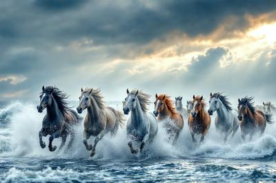 Primary subject: Horses running through water
Setting/background: Ocean, with a cloudy sky
Visual style: Photo
Colors and mood: The image is in black and white, giving it a classic and timeless feel. The horses are running through the water, creating a sense of motion and energy. The cloudy sky adds a dramatic and moody atmosphere to the scene.