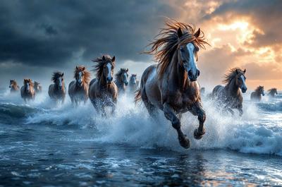 Primary subject: A group of horses running through water.

Setting/background: The scene takes place in a body of water, with the horses running through it.

Visual style: The image is a photo of the horses in motion.

Colors and mood: The image is in black and white, giving it a classic and timeless feel. The horses and water create a dynamic and energetic atmosphere.