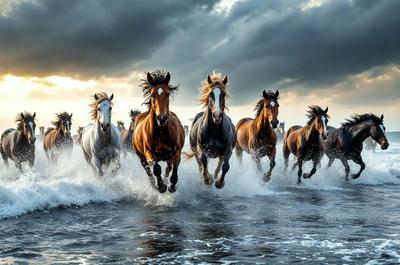 Primary subject: Horses running in the water.
Setting/background: Ocean water with waves.
Visual style: Photo.
Colors and mood: The image is in black and white, giving it a classic and timeless feel.