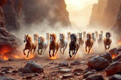 Primary subject: Horses
Setting/background: A dirt road with mountains in the background
Visual style: Photo
Colors and mood: The image is in black and white, giving it a classic and timeless feel.