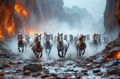 Primary subject: Horses running through a rocky area with smoke and fire in the background.

Setting/background: The scene takes place in a rocky area with smoke and fire in the background, creating a dramatic atmosphere.

Visual style: The image is a photo of the horses running through the rocky terrain.

Colors and mood: The dominant colors in the image are shades of brown, black, and white, with the smoke and fire adding a sense of intensity and drama to the scene.