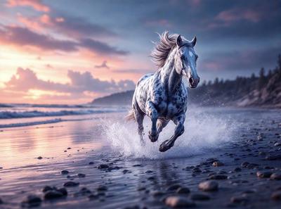 Primary subject: A white horse running on the beach.

Setting/background: The beach, with the ocean in the background.

Visual style: Digital art.

Colors and mood: The image is in black and white, giving it a classic and timeless feel. The white horse stands out against the black and white background, creating a sense of motion and energy.