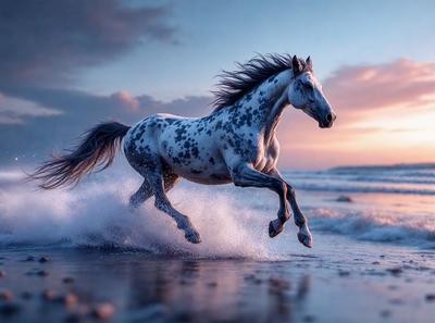 Primary subject: A horse running on the beach.

Setting/background: The beach with waves and a sunset in the background.

Visual style: Digital art.

Colors and mood: The image is in blue and white tones, creating a serene and calming atmosphere.