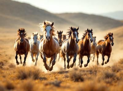Primary subject: Horses running in a field.
Setting/background: A field with dirt and a mountain in the background.
Visual style: A photo of the horses running.
Colors and mood: The image is in color, and the horses appear to be running in a dusty field, creating a sense of motion and energy.