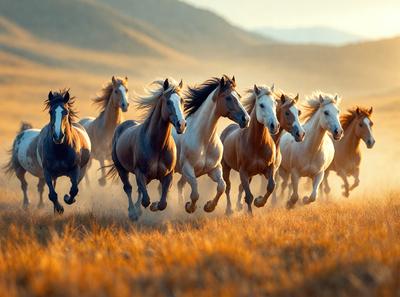 Primary subject: Horses
Setting/background: A field with grass
Visual style: Photo
Colors and mood: The image is in color, and the horses appear to be running in the field, creating a lively and energetic atmosphere.