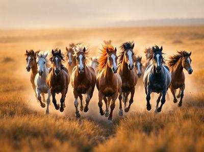 Primary subject: Horses
Setting/background: A field with grass
Visual style: Photo
Colors and mood: The image is in color, and the horses are running through the field, creating a dynamic and energetic atmosphere.