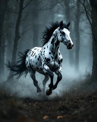 Primary subject: A spotted horse running through a forest.

Setting/background: The horse is running through a forest with trees in the background.

Visual style: The image is a photo of the horse in motion.

Colors and mood: The horse is black and white, and the overall atmosphere is energetic and dynamic.