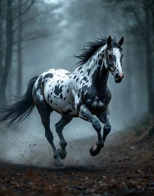 Primary subject: A spotted horse running through a forest.

Setting/background: The horse is running through a forest, surrounded by trees.

Visual style: The image is a photo of the horse in motion.

Colors and mood: The horse is black and white, and the overall atmosphere is dynamic and energetic.