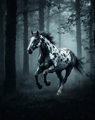 Primary subject: A black and white horse with white spots running through a forest.

Setting/background: The horse is running through a forest with trees and a foggy atmosphere.

Visual style: The image is a black and white photo.

Colors and mood: The dominant colors are black, white, and shades of gray. The overall atmosphere is mysterious and dramatic.