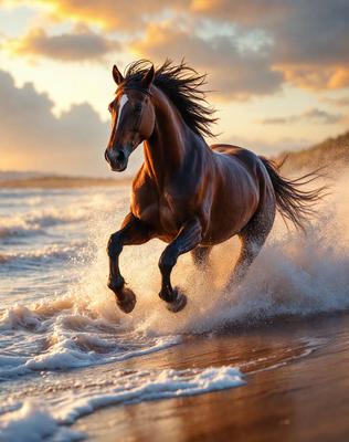 Primary subject: A brown horse running on the beach.

Setting/background: The beach, with waves and the ocean in the background.

Visual style: The image is a photo of the horse running on the beach.

Colors and mood: The image has a warm and vibrant color palette, with the brown horse and the ocean's colors creating a lively and energetic atmosphere.