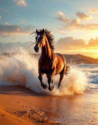 Primary subject: A brown horse running through the ocean waves.

Setting/background: The ocean, with waves and a sunset in the background.

Visual style: The image is a photo of the horse running through the ocean waves.

Colors and mood: The dominant colors are brown and blue, with a warm and serene atmosphere.