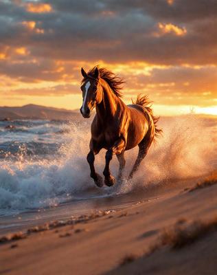 Primary subject: A brown horse running through the ocean waves.

Setting/background: The ocean with waves and a sunset in the background.

Visual style: The image is a photo of the horse running through the ocean waves.

Colors and mood: The dominant colors are brown and blue, with a warm and serene atmosphere.